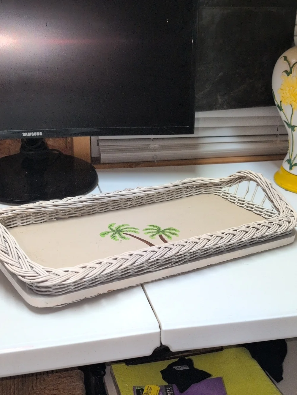 Vintage Coastal Palm-Print Beige Wicker Cocktail ServingTray